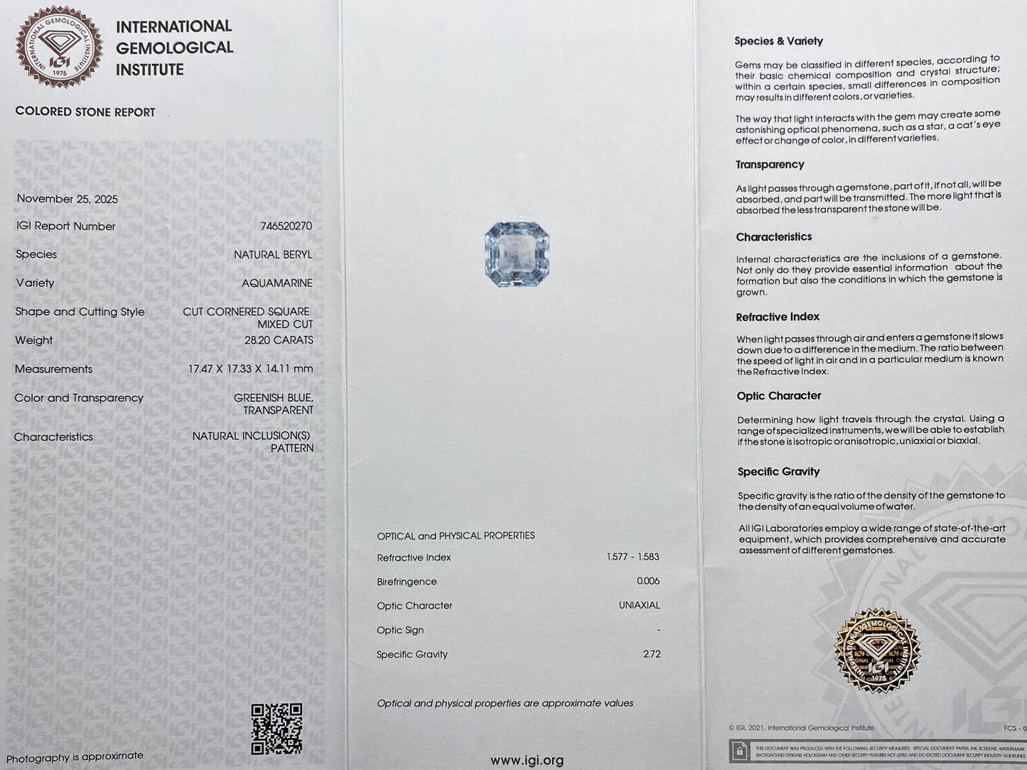 Aquamarine natural Loose gemstone 28.20 ct., Square mixed cut, Origin Nigeria, Certificate IGI