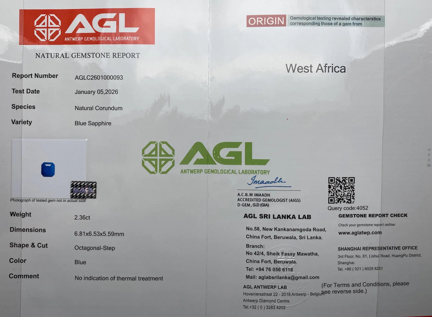 Sapphire Blue 2.36 Ct natural Unheated gemstone, Octagonal Step cut, Africa, Certificate AGL