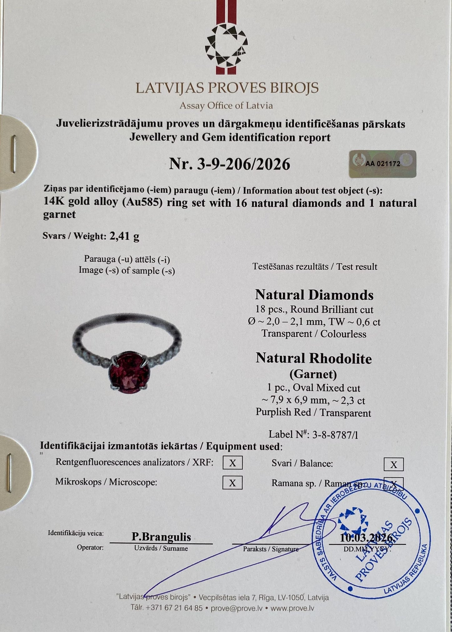 Malaya Garnet 2.07Ct and Diamonds natural gemstones Ring, 14 Karat White Gold, 7.25US, Certified, GFCO
