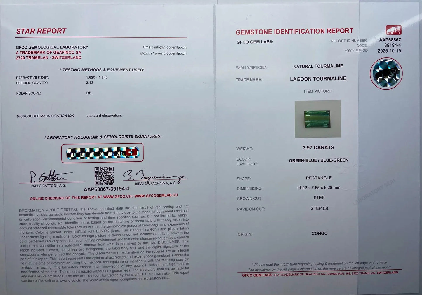 Lagoon Tourmaline 3.97 Ct., natural loose Gemstone, Rectangle cut, Origin Congo , Certificate GFCO