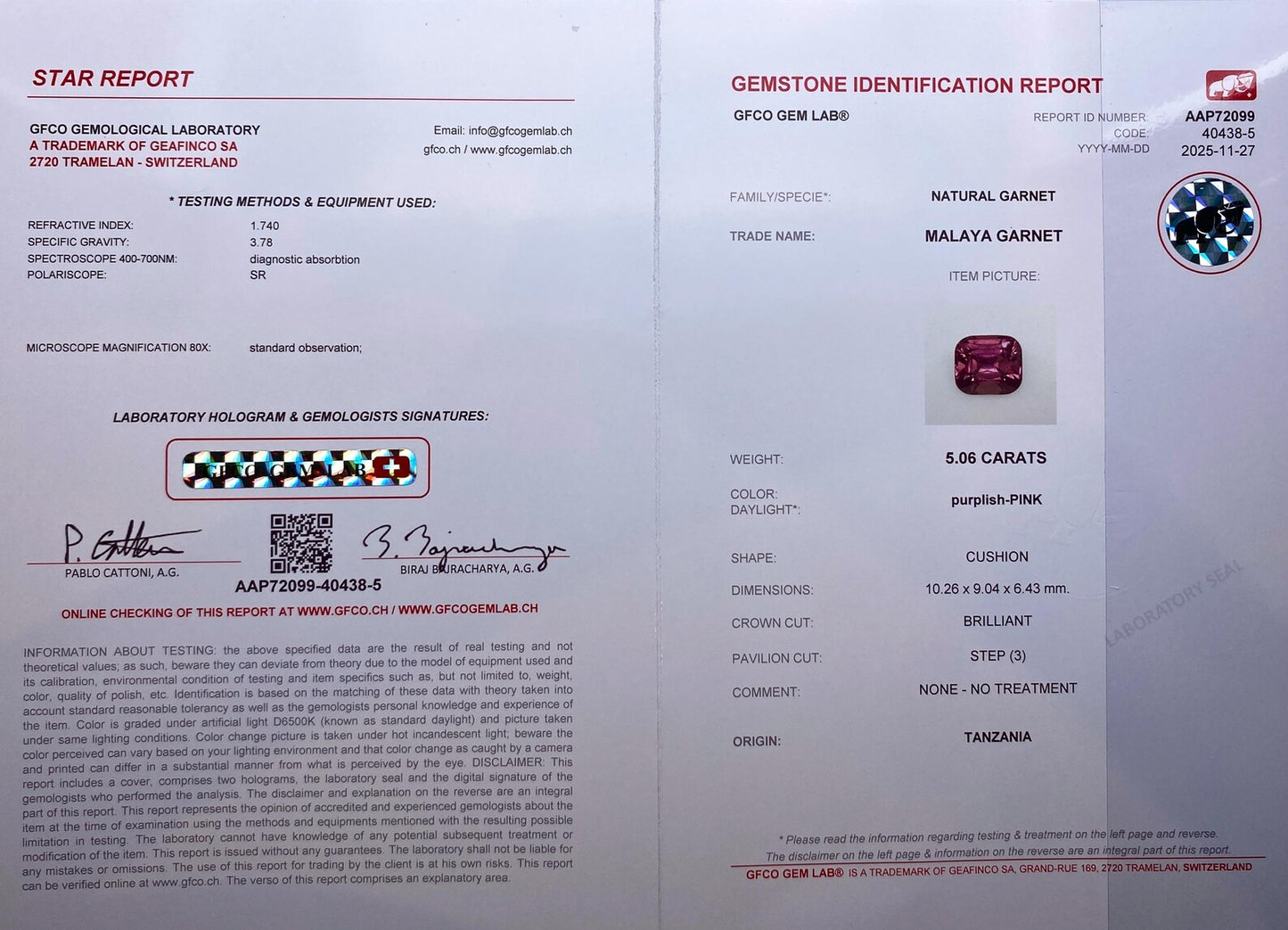 Natural Malaya Garnet Loose Gemstone 5.06 Ct., Cushion cut, Certificate GFCO, Origin Tanzania.