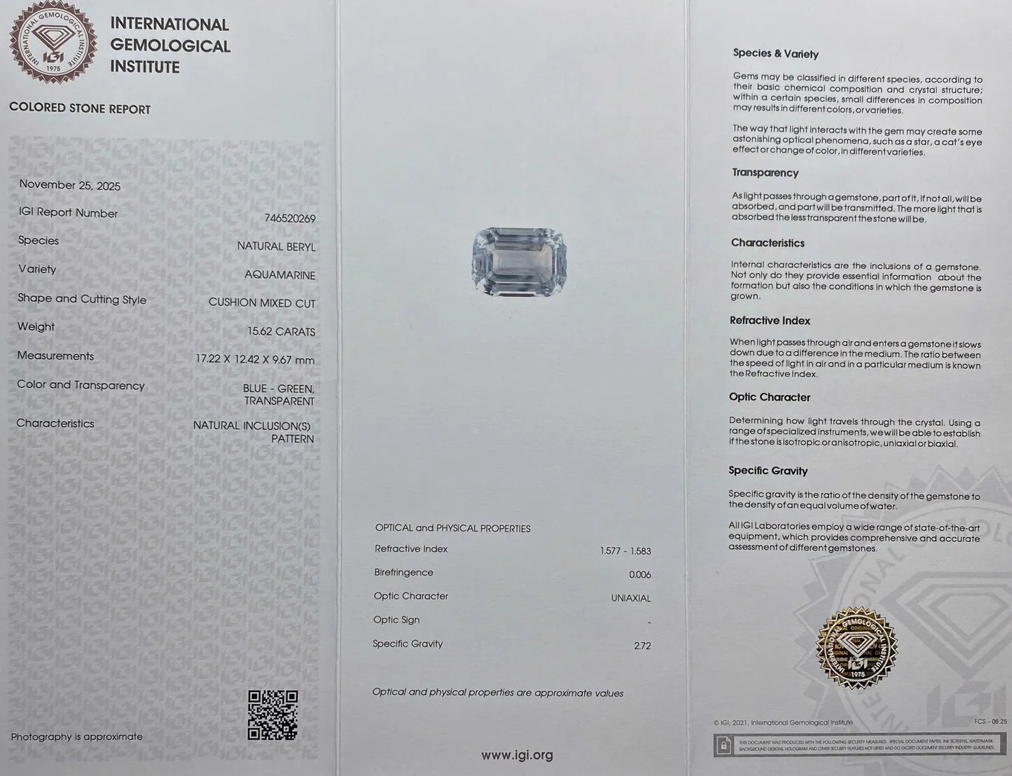 Aquamarine natural Loose gemstone 15.62 ct., Cushion cut, Origin Nigeria, Certificate IGI