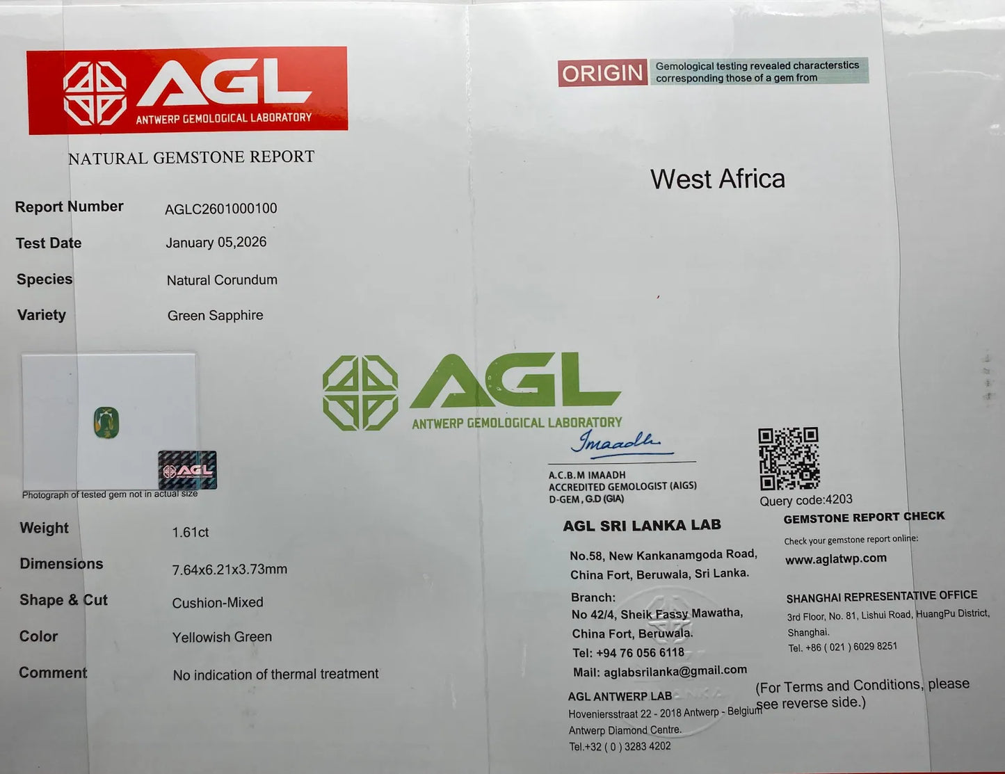 Opalescent Sapphire Yellowish Green 1.61Ct natural Unheated gemstone, Cushion cut, West Africa , Certificate AGL
