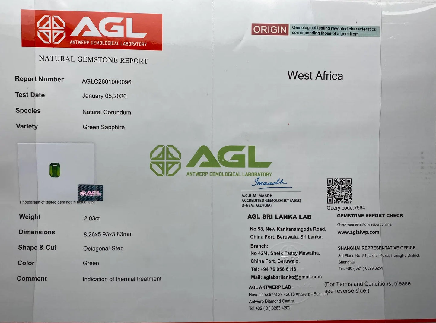 Sapphire Green 2.03Ct natural gemstone, Octagon cut, West Africa , Certificate AGL
