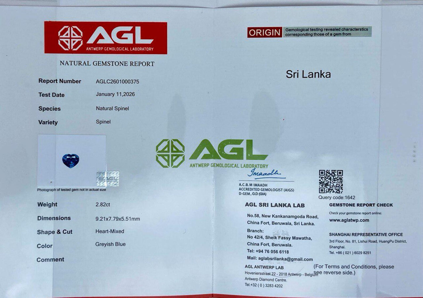 AGL Certified Natural 2.82Ct Greyish-blue Spinel gemstone, Heart cut, Sri-Lanka