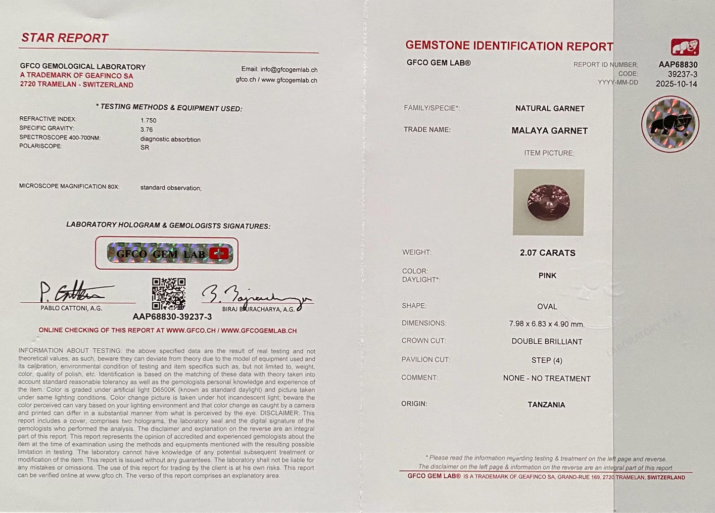 Malaya Garnet 2.07Ct and Diamonds natural gemstones Ring, 14 Karat White Gold, 7.25US, Certified, GFCO