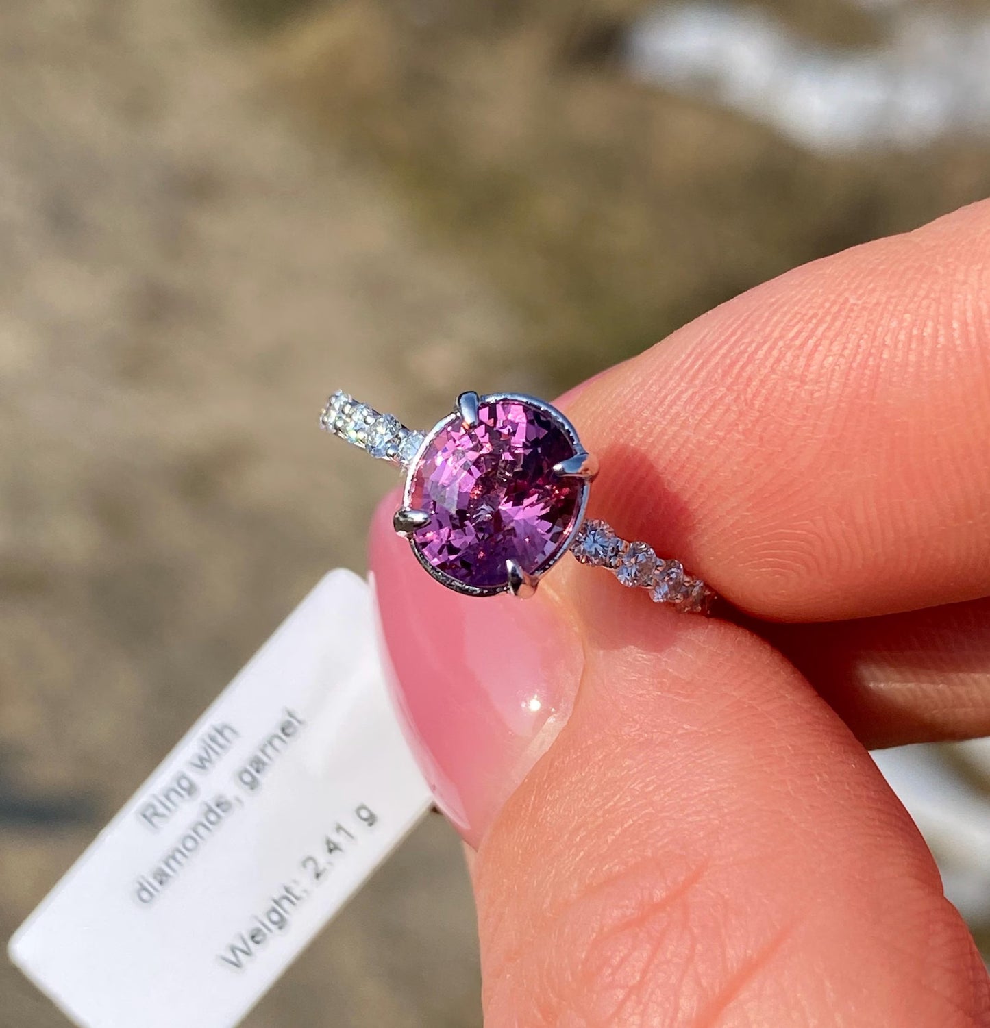 Malaya Garnet 2.07Ct and Diamonds natural gemstones Ring, 14 Karat White Gold, 7.25US, Certified, GFCO