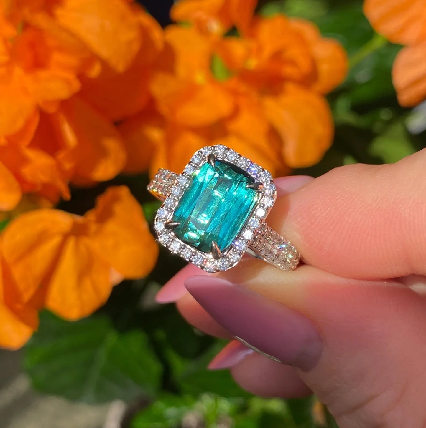 Lagoon Tourmaline 4.60Ct and Diamonds natural gemstone Ring, 14 Karat White Gold, 9US, Certified