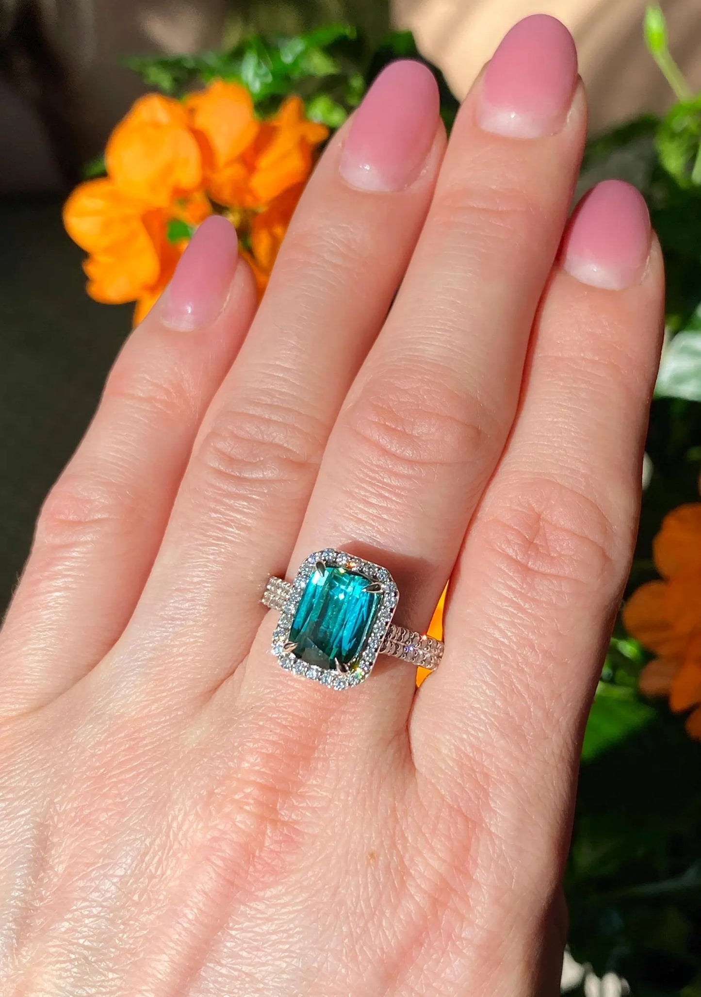 Lagoon Tourmaline 4.60Ct and Diamonds natural gemstone Ring, 14 Karat White Gold, 9US, Certified
