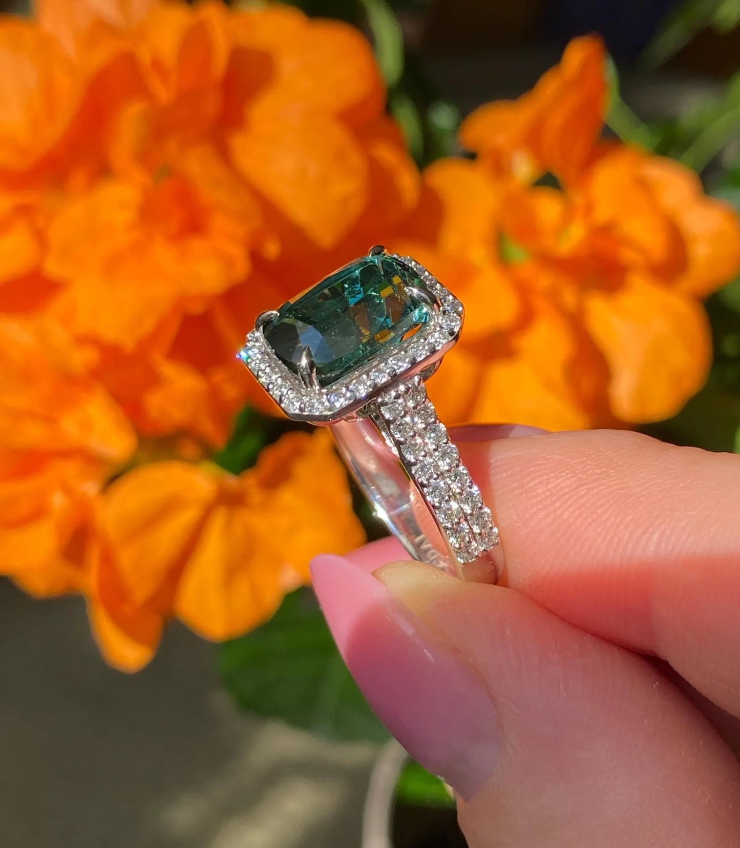 Lagoon Tourmaline 4.60Ct and Diamonds natural gemstone Ring, 14 Karat White Gold, 9US, Certified